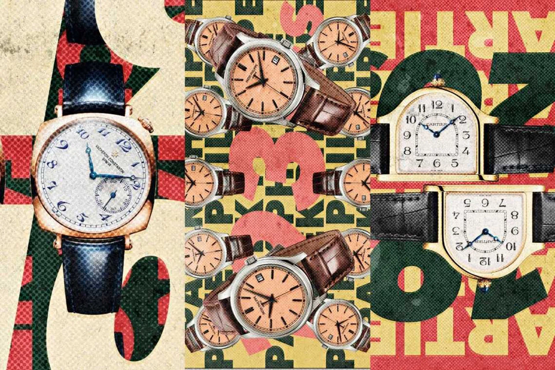 Watches inspired by the past: Vacheron Constantin Historiques American 1921,  Patek Philippe Calatrava Ref. 5227G-015, and Cartier Privé Cloche