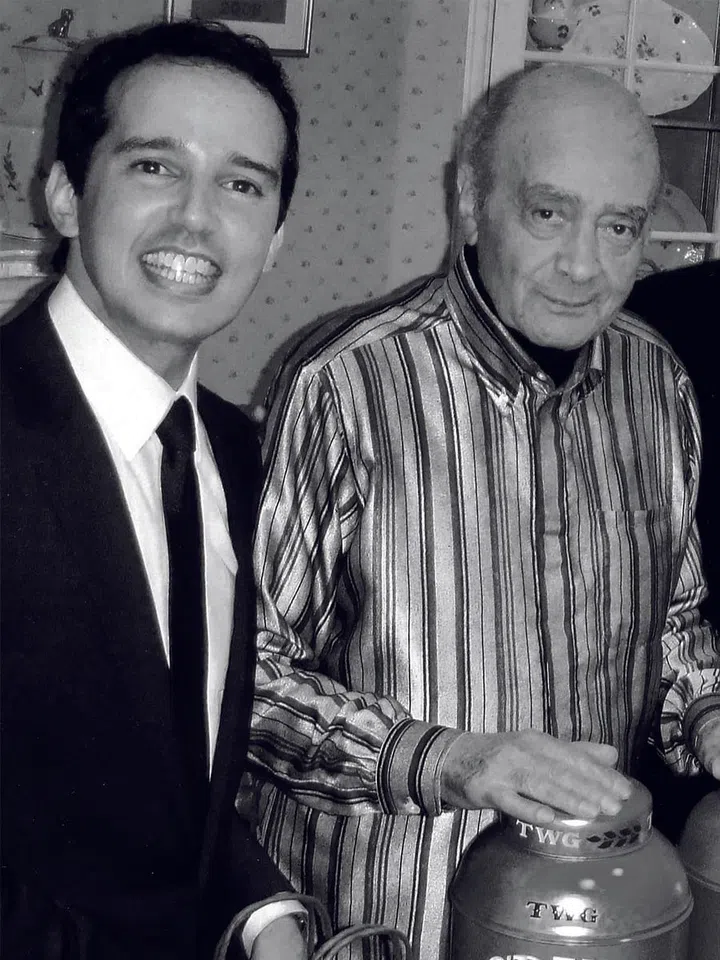 The insistence on tea leaves of the best quality has earned Taha Bouqdib's company a place at Harrods in London, where he is pictured here with then Harrods owner Mohamed Al Fayed in 2009.
