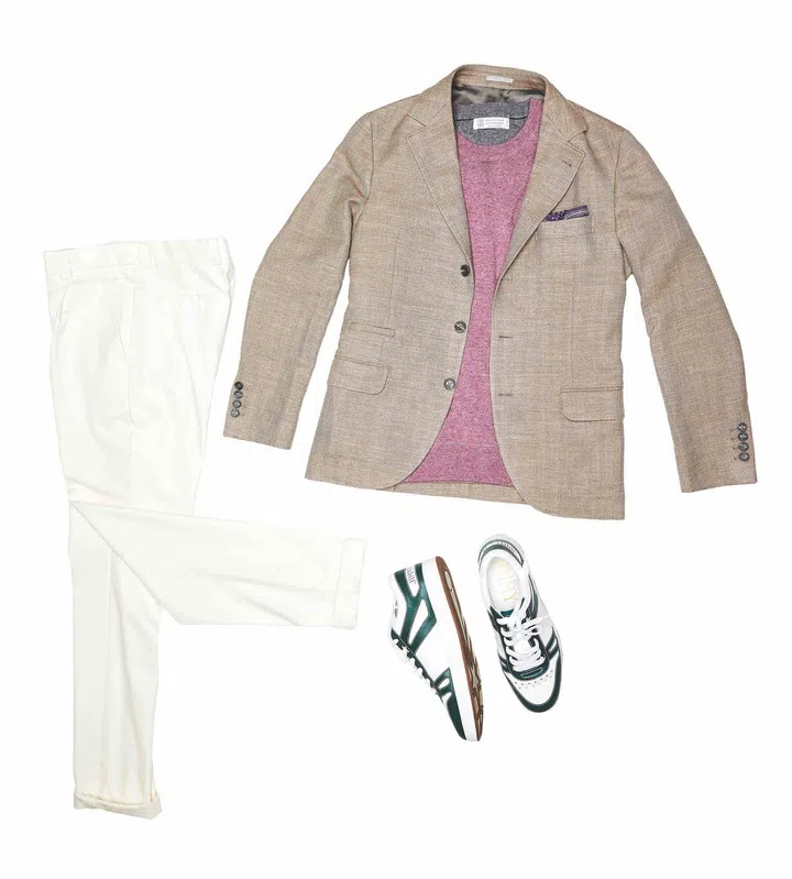 Wool-silk jacket, cashmere sweater, wool-cotton trousers and silk pocket square,from Brunello Cucinelli. Leather sneakers, from Jimmy Choo.
