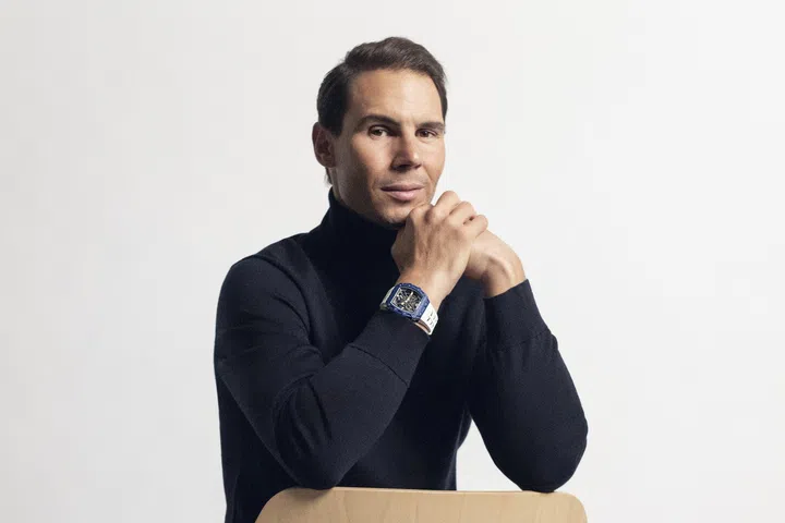Rafael Nadal wears the Richard Mille RM 35-03 Automatic Rafael Nadal, the lightweight skeletonised sports watch featuring the brand’s patented butterfly rotor system.
