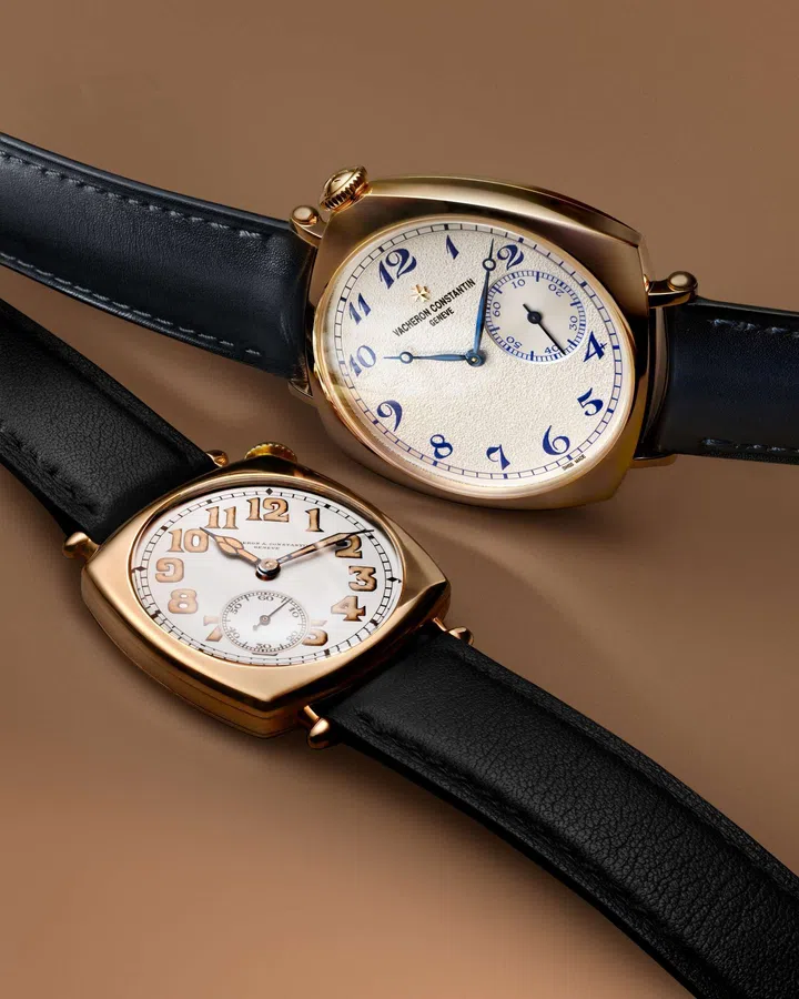 Original Vacheron Constantin American 1921 watch beside the new Historiques American 1921 with its distinctive diagonally oriented dial.