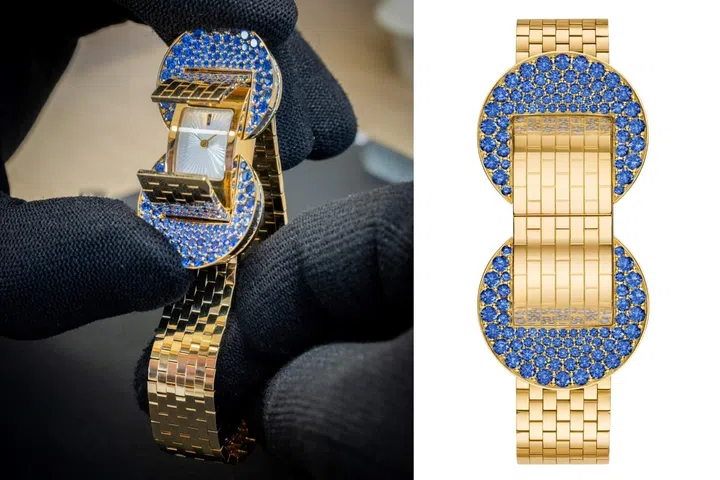 Open and closed views of the Van Cleef & Arpels Ludo Secret watch in yellow gold, showing the sapphire-set buckle concealing a hidden white mother-of-pearl dial and revealing the secret watch when the clasp is opened.