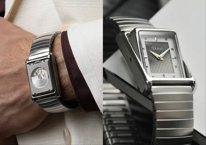 Singapore watch brands: The caseback and pivoting reversible case of the Vario Versa Reversible Single Time White Tuxedo Automatic, fitted with an elastic stainless steel bracelet and showcasing the exhibition caseback with its decorated automatic movement.