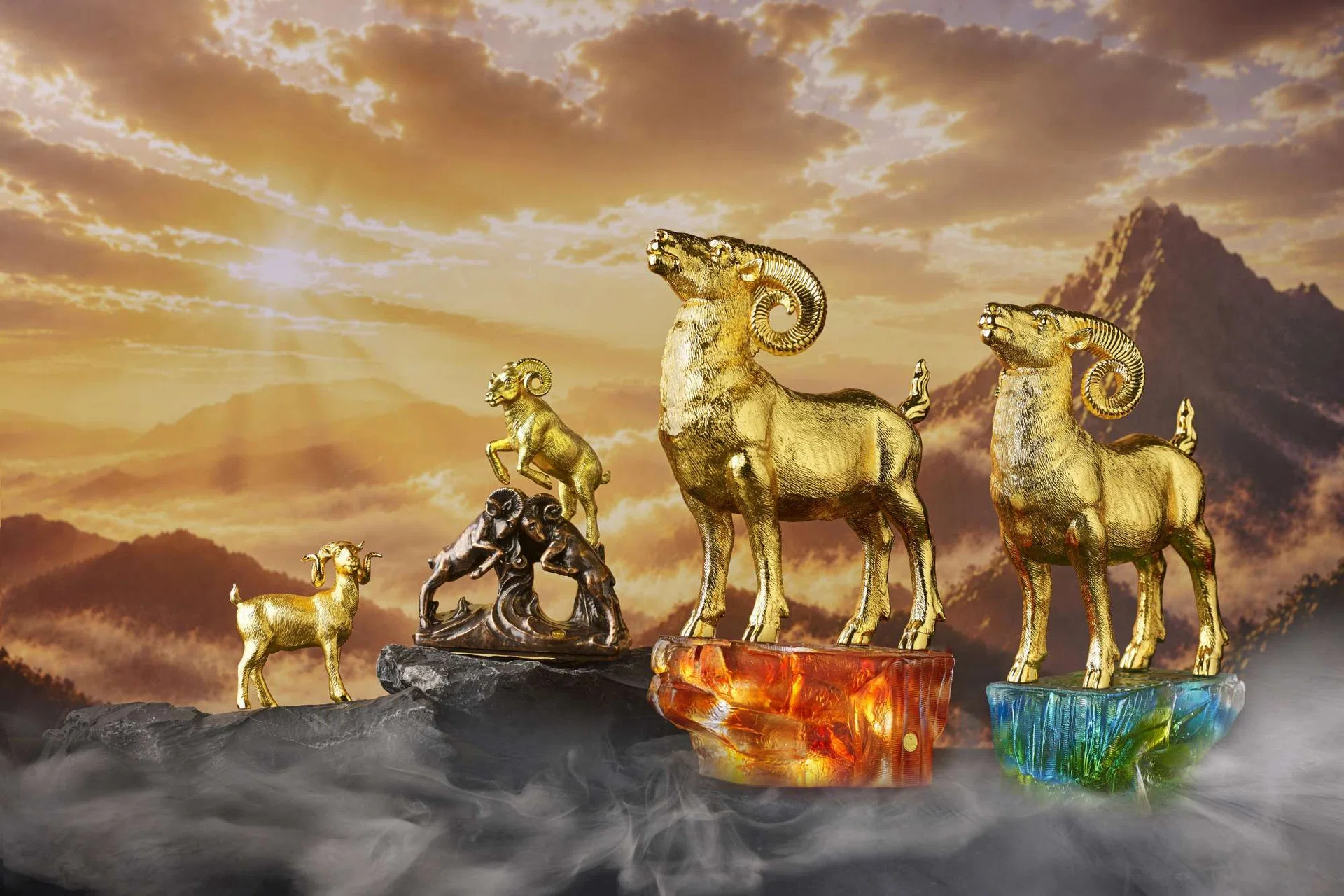 RISIS Chronicle Collectibles 2027 Joyful Herald, The Triumvirate Seal, and The Rising Argali on amber and green “Liu Li” crystal glass