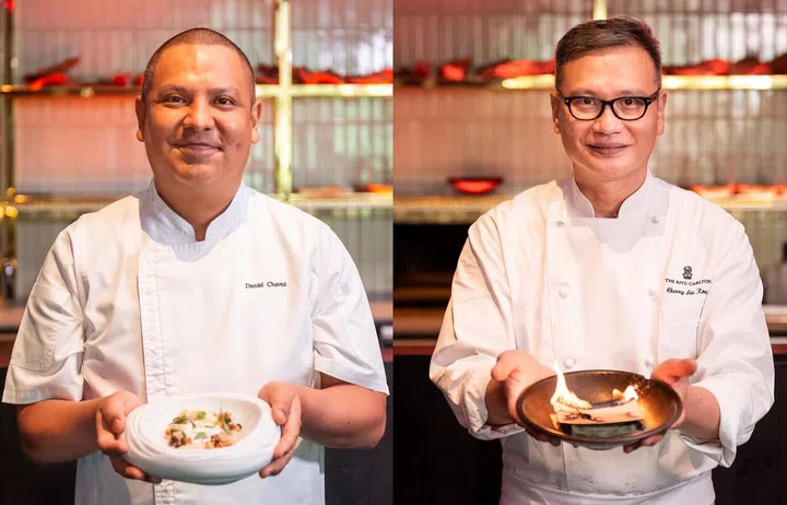 Daniel Chavez with Cold Curry Scallop, Cheung Siu Kong with Fish Paturi. Photos: Mandala Club