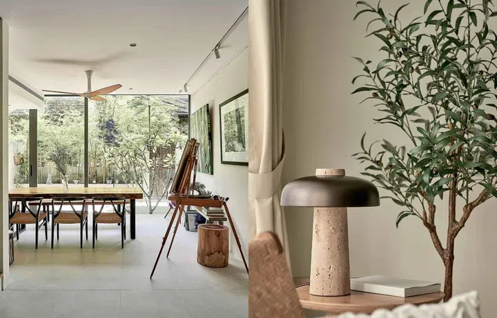 Left: A living room converted into a dining and art appreciation area. Right: Pieces that embody nature were carefully selected to complement a home's neutral palette. Photos: EightyTwo