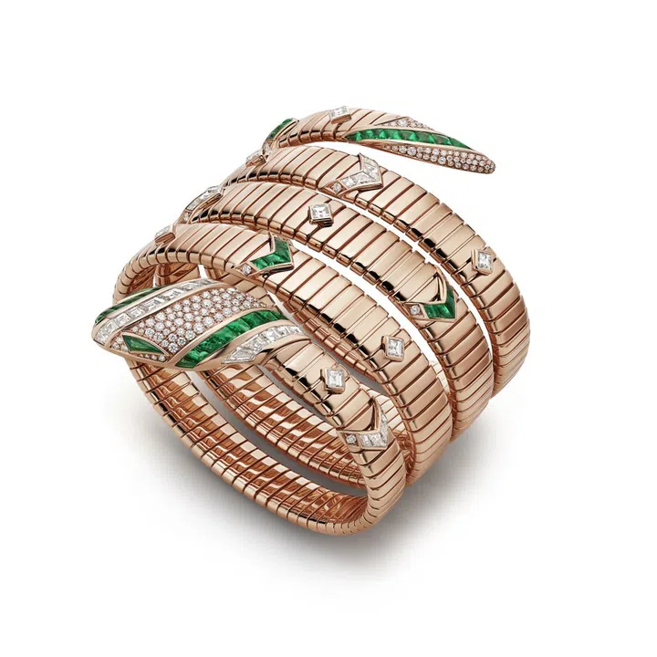Bulgari High Jewellery Serpenti pink gold bracelet with emeralds and diamonds. (Photo: Bulgari)