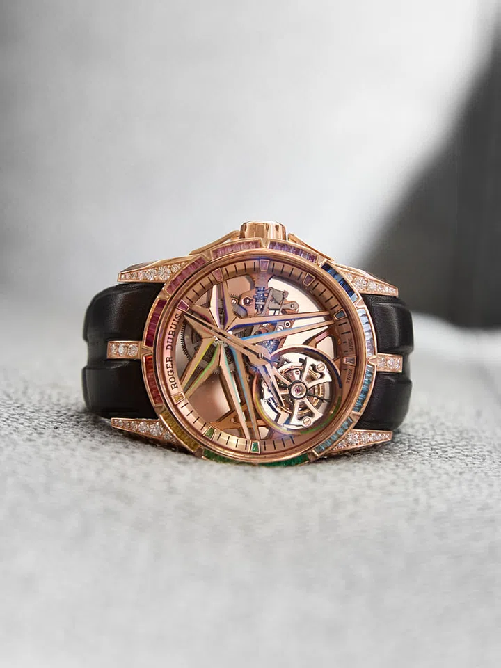“Party” — Roger Dubuis Excalibur Glow Me Up Mono Tourbillon in pink gold. (Photo: Athirah Annissa)