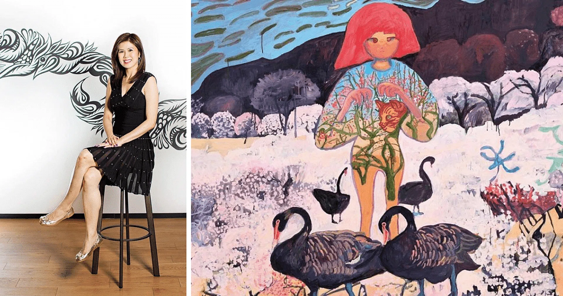 Shuyin Yang, ART SG's director(Photo: ART SG), Plum Trees and Black Swans, 2021, by Makiko Kudo (Tomio Koyama Gallery). (Photo: ART SG)