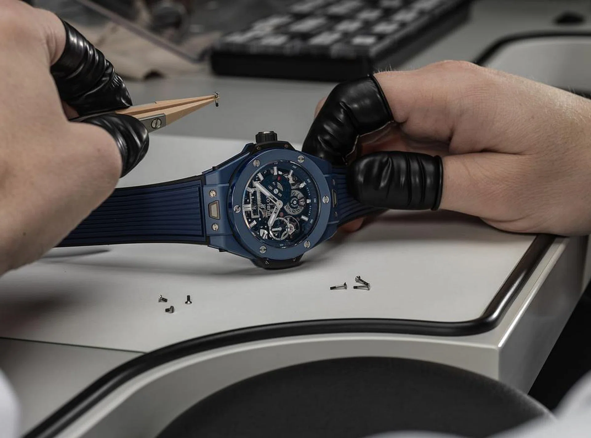 The Big Bang Meca-10 in blue ceramic. The Meca-10 has a ten-day power reserve and a Meccano-inspired skeletonised movement.