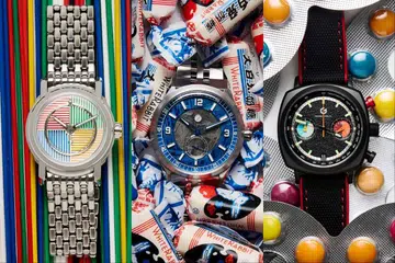 Singapore watch brands: The Horizon Watches Spectrum DotCom with a three-layer dial featuring colourful quadrants and a sapphire chapter ring. The Zelos Comet 39 ‘Meteorite’ with a genuine meteorite dial displaying its natural Widmanstätten patterns. The Geylang Watch Co Apex Hybrid Chronograph with a black PVD-coated case and black dial with red and blue chronograph counters.