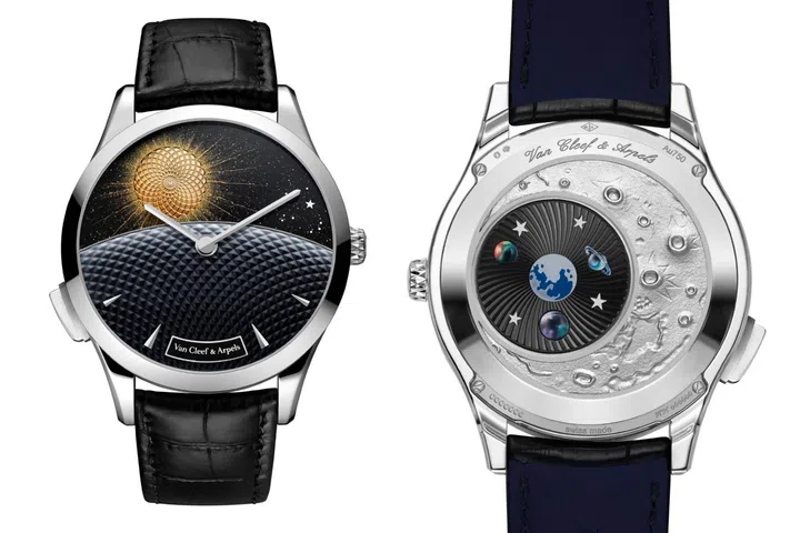 Van Cleef & Arpels Midnight Jour Nuit watch in white gold with aventurine dial, gold sun and moon display, and animated day-night complication