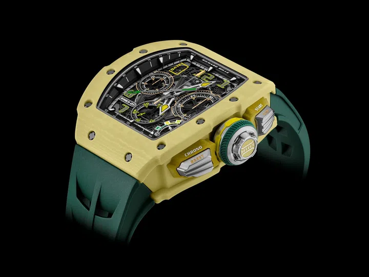 Richard Mille RM 65-01 Sand Quartz TPT with a golden-beige case, skeletonised dial and colourful chronograph details.