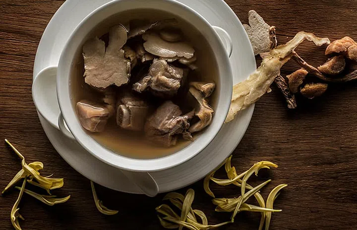 Double-boiled pork ribs soup with sea whelk, maka and dried scallops from Jiang-Nan Chun.