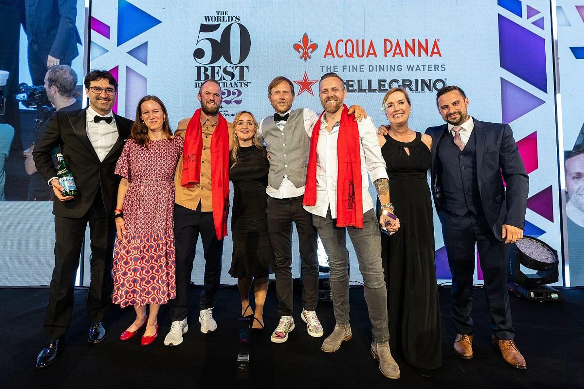 Chef Rasmus Kofoed, sommelier Søren Ledet and the team from Geranium, Copenhagen, receive the award for The World’s Best Restaurant, sponsored by S.Pellegrino & Acqua Panna, at The World’s 50 Best Restaurants awards 2022 held at Old Billingsgate in London, Monday 18th July 2022