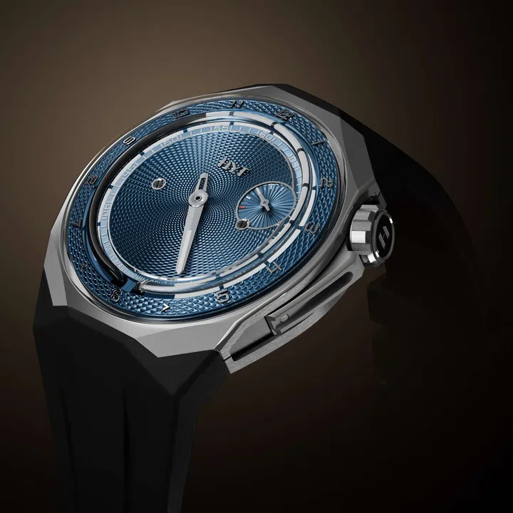 The HYT T1 Titanium Guilloché showing its titanium case, hand-guilloché dial, and coloured fluid-filled glass capillary hour display inspired by the ancient Egyptian water clock