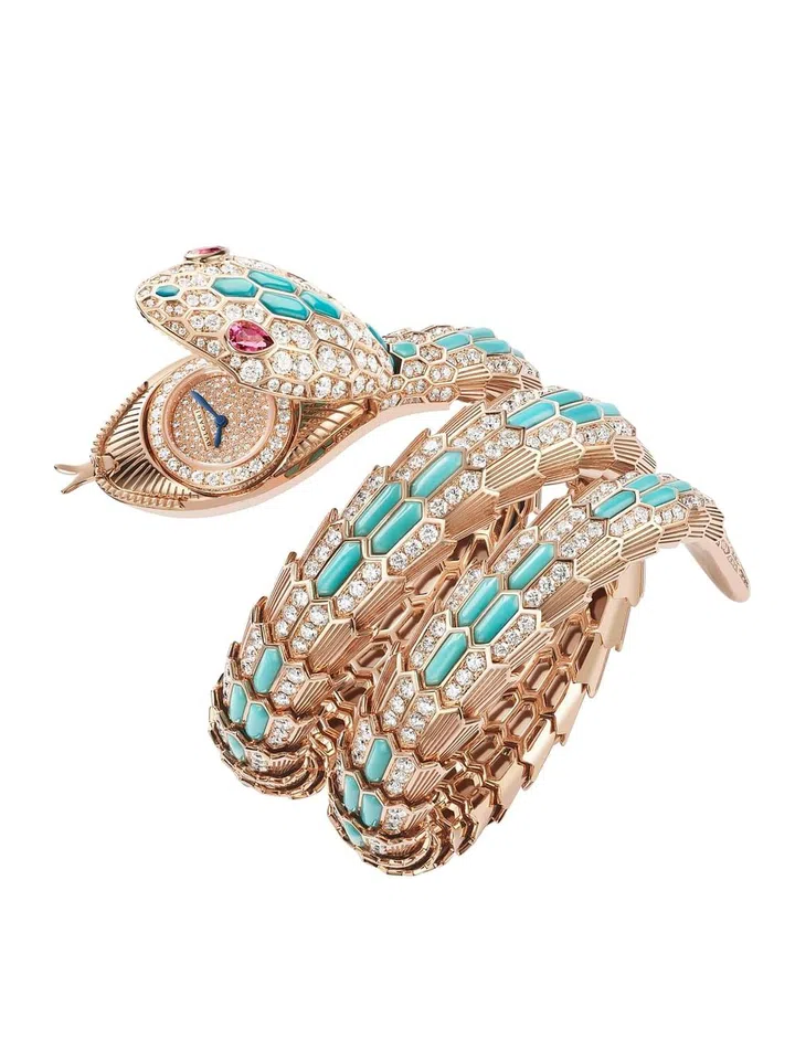 Serpenti Misteriosi in rose gold, with diamonds, turquoise and rubellites.