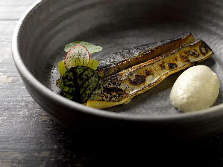 Salted & Hung's popular mackerel with gin, horseradish, pickles and nori ash