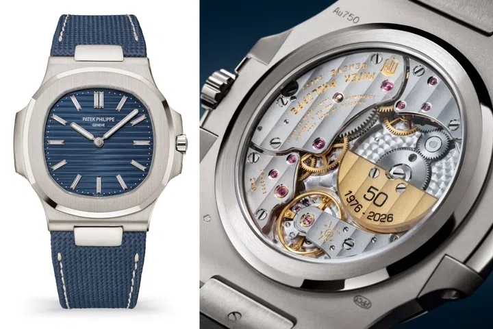 Front and caseback views of the Patek Philippe Nautilus 50th anniversary Ref. 5810G-001, showing its blue horizontally embossed dial with baguette-cut diamond hour markers, navy-blue composite strap, and calibre 240 with 22k gold mini-rotor engraved “50 1976 – 2026”.