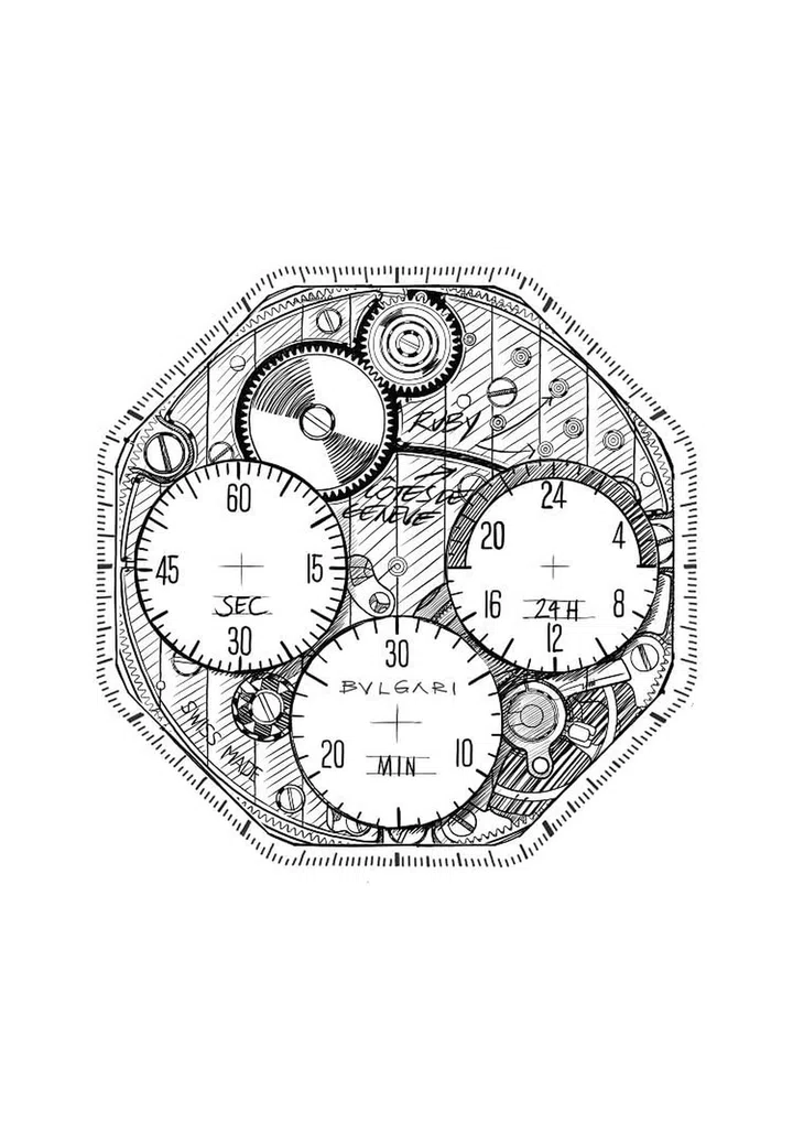 A close-up of the original dial drawing for the Octo Finissimo Chronograph GMT Sketch, which is limited to 140 pieces (Credit: Bulgari)