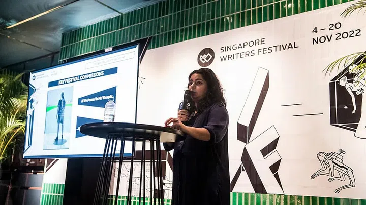 Festival director Pooja Nansi announcing the return of SWF 2022 at the media launch. (Photo: Arts House Limited)