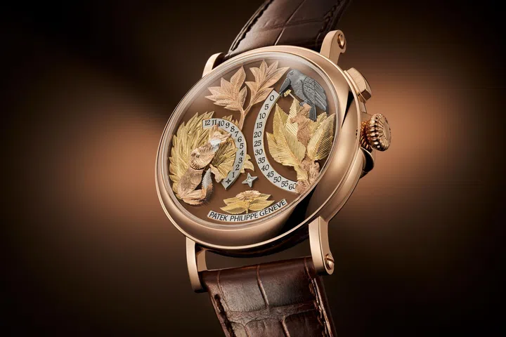 Patek Philippe Ref. 5249R-001 automaton watch in rose gold with hand-engraved crow and fox dial, opaline brown background, and retrograde on-demand time display
