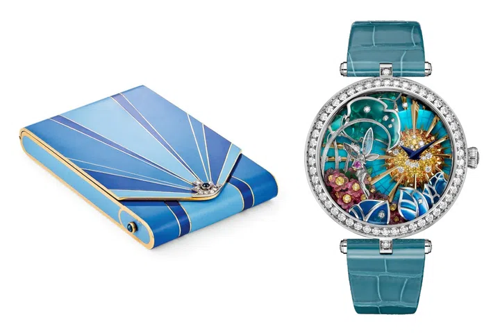 An enamelled envelope vanity case from Van Cleef & Arpels’ heritage archives, and the award-winning 2024 Lady Arpels Jour Enchante watch showcasing high-relief façonne enamel technique