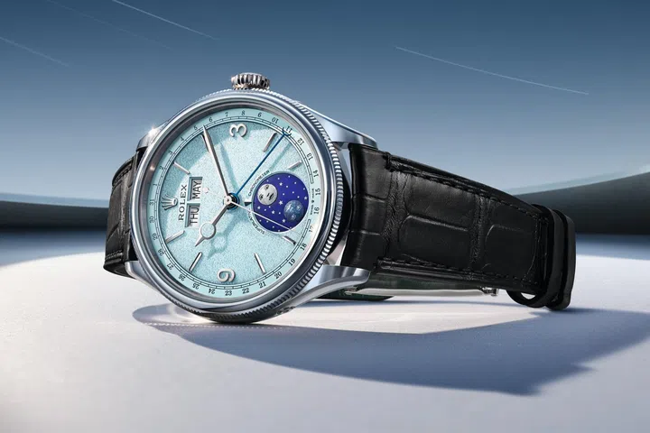 Rolex Perpetual Padellone in 950 platinum with an ice blue dial and a matt black alligator leather strap