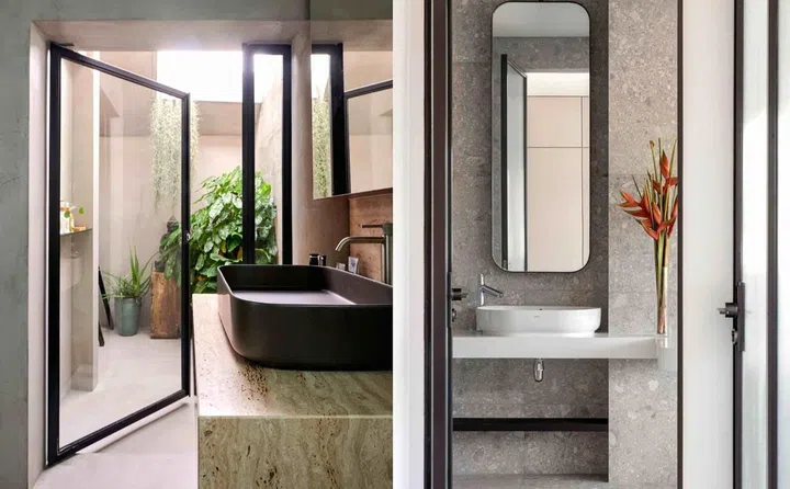 Left: An oversized door connects the inside and out to create a unique bathroom for a house in Telok Kurau. Right: a subtle nod to Art Deco with a round-edged vanity top in the main bathroom of a unit in Eng Hoon Mansions. Photos: EightyTwo