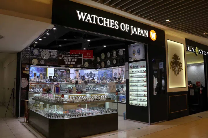 Storefront view of Watches of Japan at Bedok Mall, a Singapore retailer specialising in Japanese watches from brands including Seiko, Citizen and Orient.