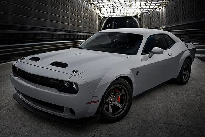 The 2023 Dodge Challenger SRT Super Stock with SRT Black Appearance Package, shown here in Destroyer Grey, a newly returning colour. (Photo: Stellantis)