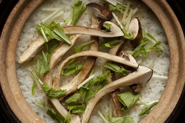Seasonal rice topped with matsutake mushrooms.