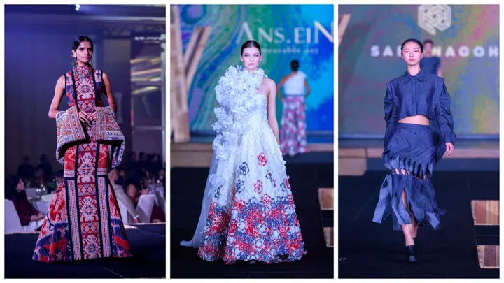 Circular styles from Asian designers voted the crowd favourites at the Singapore Fashion Council Gala 2024: (from left) First runner-up Fomalhaut Zamel of Fomalhaut Zamel Boutique from Indonesia; winner Anseina Eliza of ANS.EIN from Singapore; and second runner-up Sabrina Goh of SABRINAGOH from Singapore. (Photos: Singapore Fashion Council)