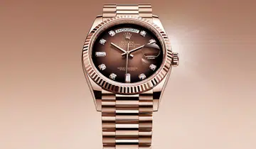 Oyster Perpetual Day-Date 36 in an 18 ct Everose gold case, and a brown ombre dial set with diamonds.