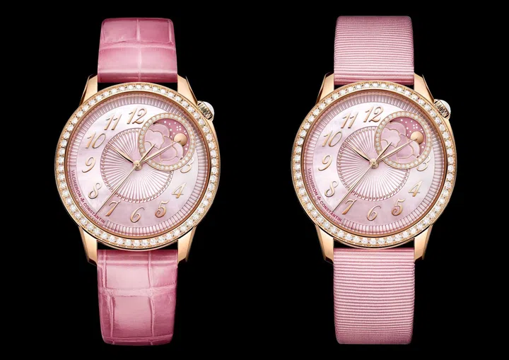 Two pieces of the Vacheron Constantin Égérie Moon Phase Spring Blossom showcasing its interchangeable pink alligator leather and satin-finished calfskin straps