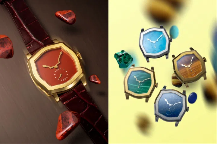 Singapore watch brands: The Feynman Timekeepers Q collection showcasing five natural stone dials: red jasper on the left, and turquoise, tiger’s eye, aventurine, and malachite models arranged on the right, all housed in compact 34mm stainless steel cases.