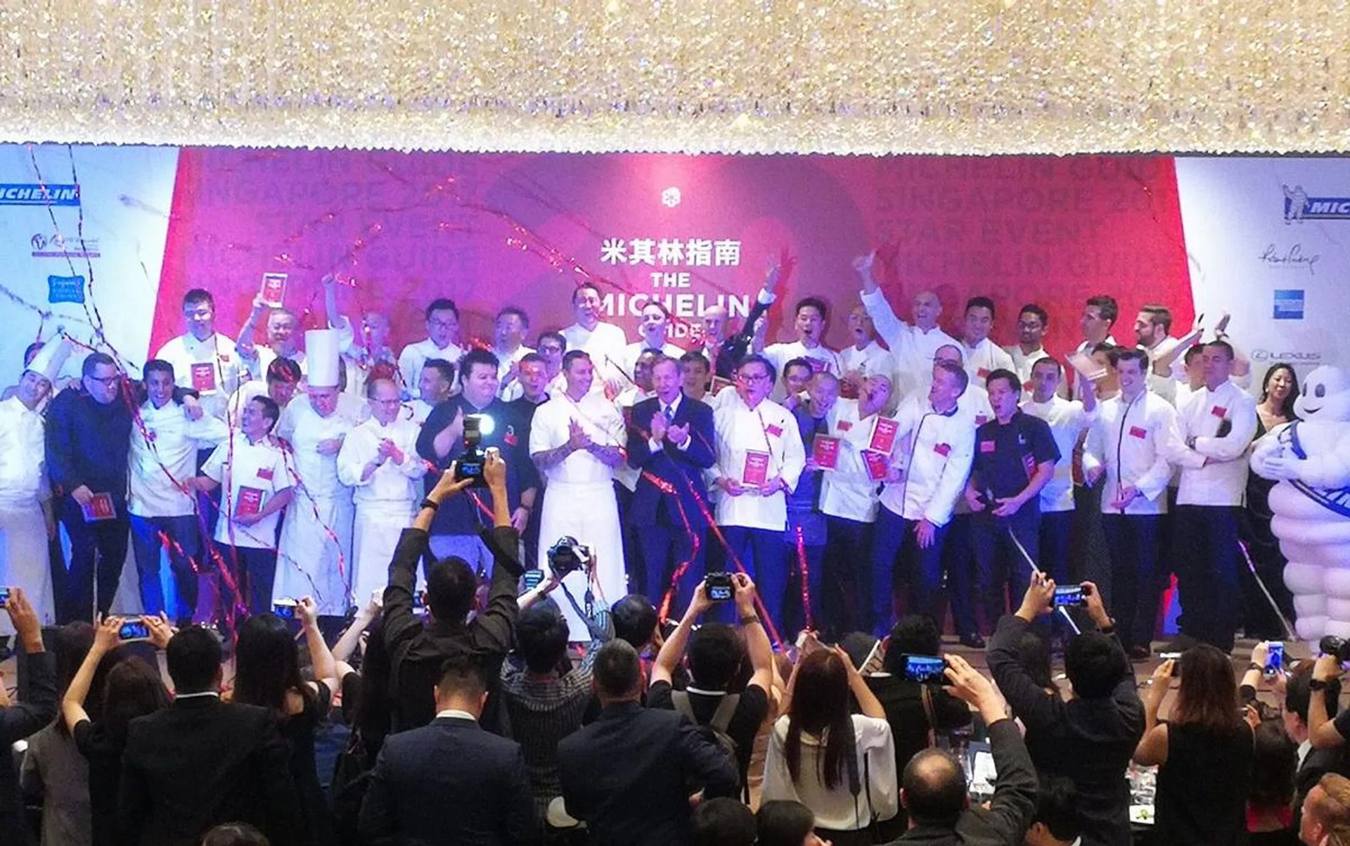 Jubilation as all the winners and their representatives took the stage at the Michelin Guide Star Event, 29 June 2017.