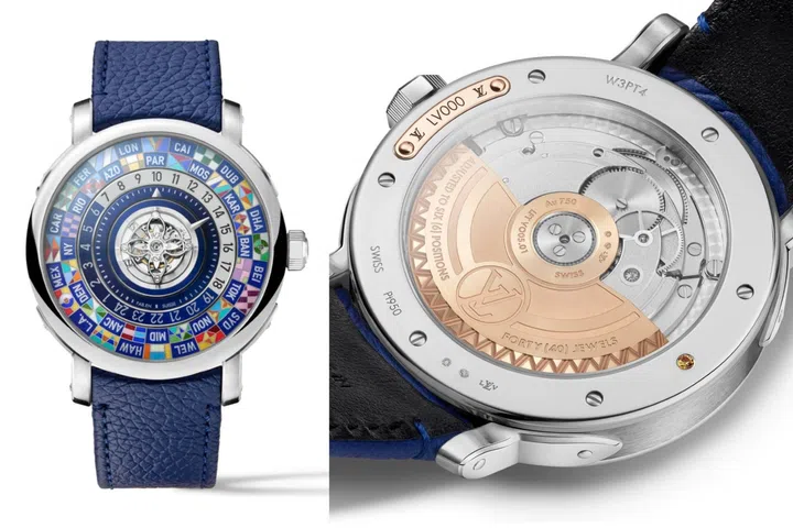 Close-up of the Louis Vuitton Escale Worldtime Tourbillon in platinum, showcasing a grand feu enamel world-time display encircling a central flying tourbillon shaped like the Monogram Flower, paired with a blue leather strap.