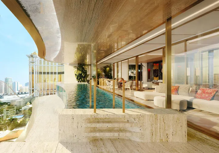 Each of the 36 Sky Villas in Capella at Galaxy Macau will feature a balcony with a glass-edged infinity pool. Luxurious amenities include a karaoke room, a dedicated cigar butler, a private cocktail bar, and a games room. (Photo: Galaxy Macau)