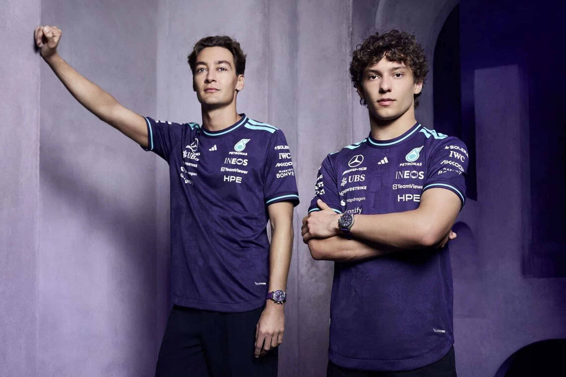 George Russell and Kimi Antonelli wearing the purple IWC Pilot’s Watch Chronograph 41 Mercedes-AMG PETRONAS Formula One Team.