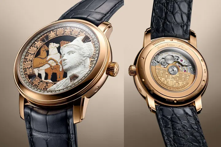 Vacheron Constantin Métiers d’Art Tribute to Great Civilisations – Athéna de Velletri in pink gold with Paros marble goddess applique, black enamel frieze, and stone marquetry scene.