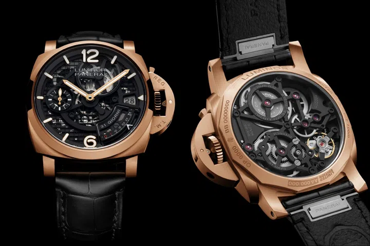 Panerai Luminor 31 Giorni PAM01631 with a 44mm Panerai Goldtech case and black skeletonised dial revealing the movement beneath.
