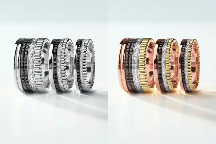 Boucheron Quatre rings featuring stacked bands with double godron, clou de Paris, diamond row and grosgrain motifs.