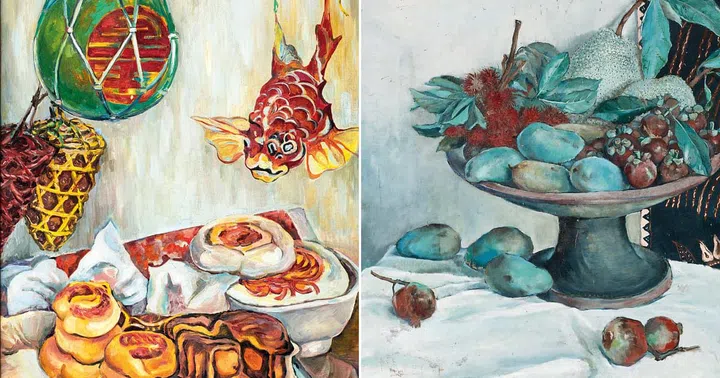 Georgette Chen’s Still Life (Moon Festival Table) (1962), from the collection of National Gallery Singapore. (Photo: National Heritage Board), Tchang Ju Chi’s Still Life (c. 1930s). Gift of the artist; Collection of Chang Si Fun (Shewin Chang). (Photo: National Heritage Board)