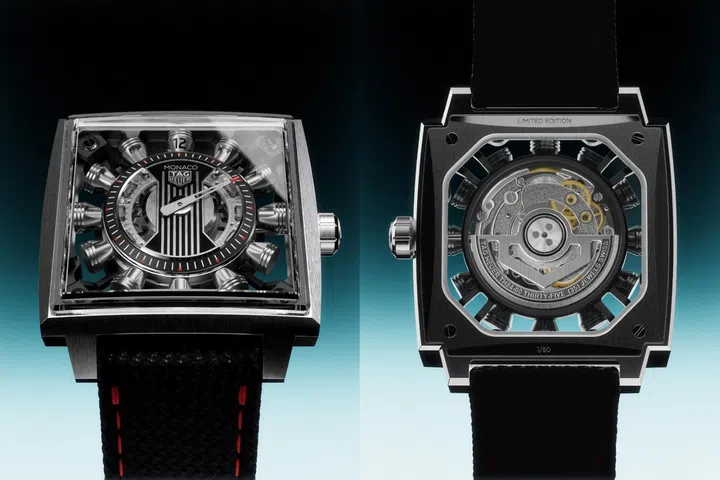 Front and back views of the TAG Heuer Monaco Speed 12, showing its open-worked dial with 12 rotating hour pistons and mechanical movement.