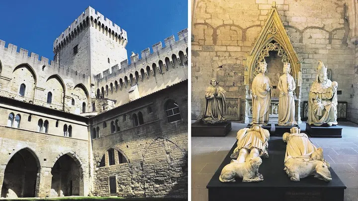 (Left) The Pope’s Palace in Avignon. (Right) Inside the pope’s palace in Avignon.