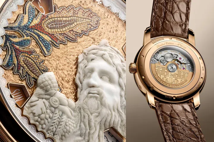 Vacheron Constantin Metiers d’Art Tribute to Great Civilisations – Tibre de l’Iseum Campense in pink gold with marble river god applique, Roman-inspired micro-mosaic dial, and brown alligator strap.