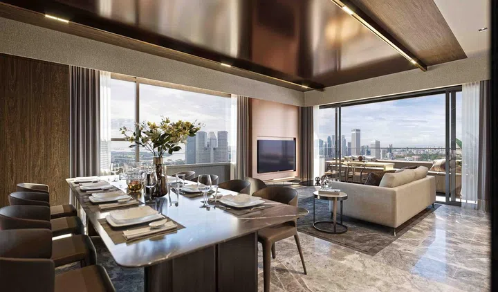 A render of a living room and dining room of Midtown Modern.