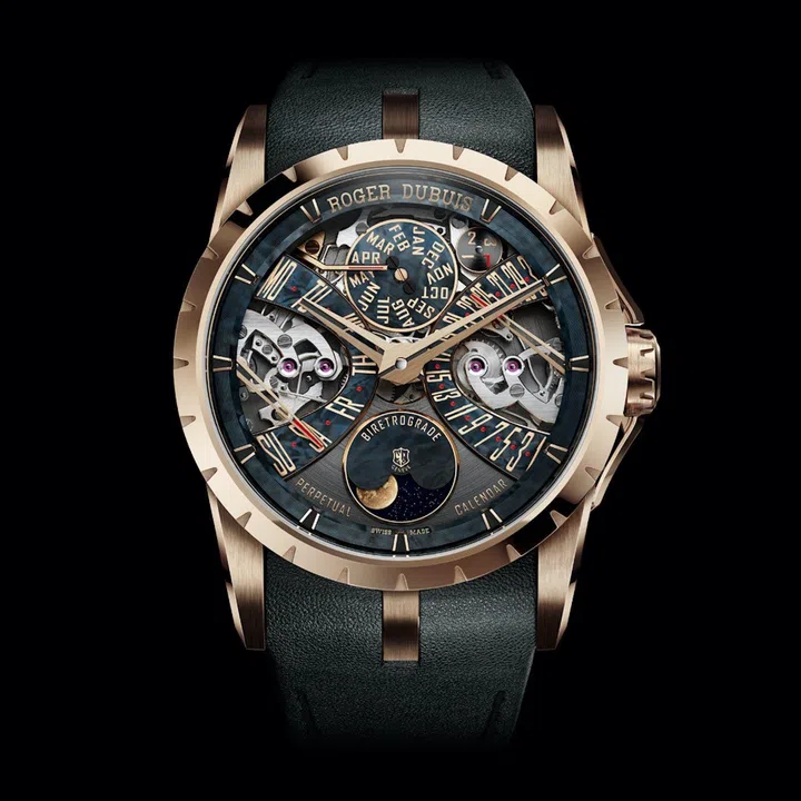 Roger Dubuis Excalibur Biretrograde Perpetual Calendar in pink gold, featuring an openworked dial with astral blue accents, retrograde day and date displays, moon-phase indicator and multi-layered architectural construction.