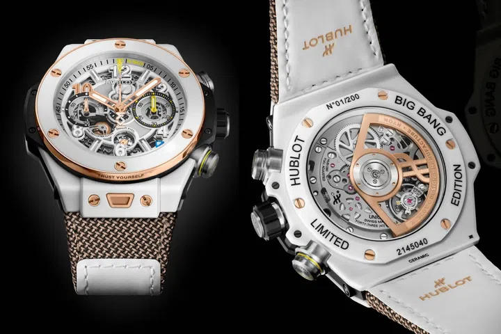 Hublot Big Bang Reloaded Kylian Mbappé limited-edition chronograph watch in white ceramic and King Gold, featuring a skeleton dial and Mbappé-inspired design details.